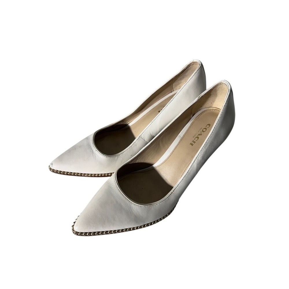 Coach White Leather Pointed Toe Pumps Gold Bead Trim Stiletto Heels Womens 6B